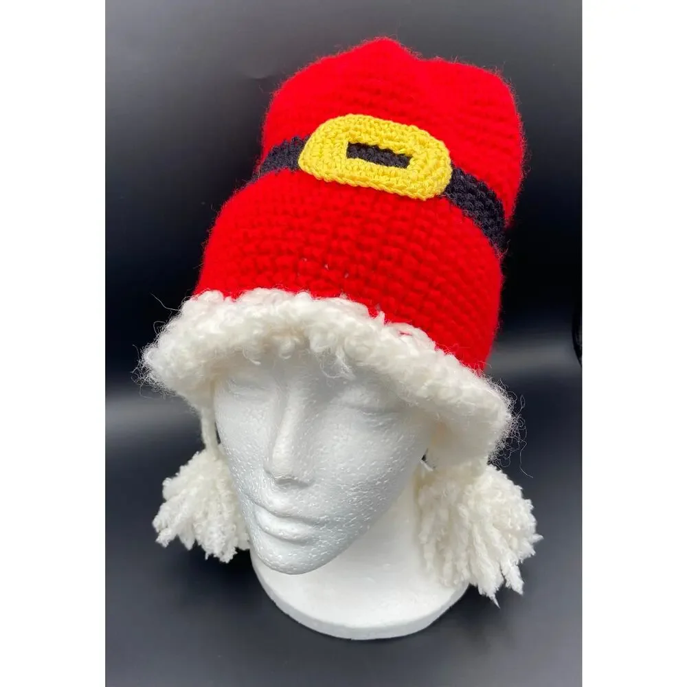 Handmade Baby's Crocheted Red Santa Hat with Tassels - Fits 16